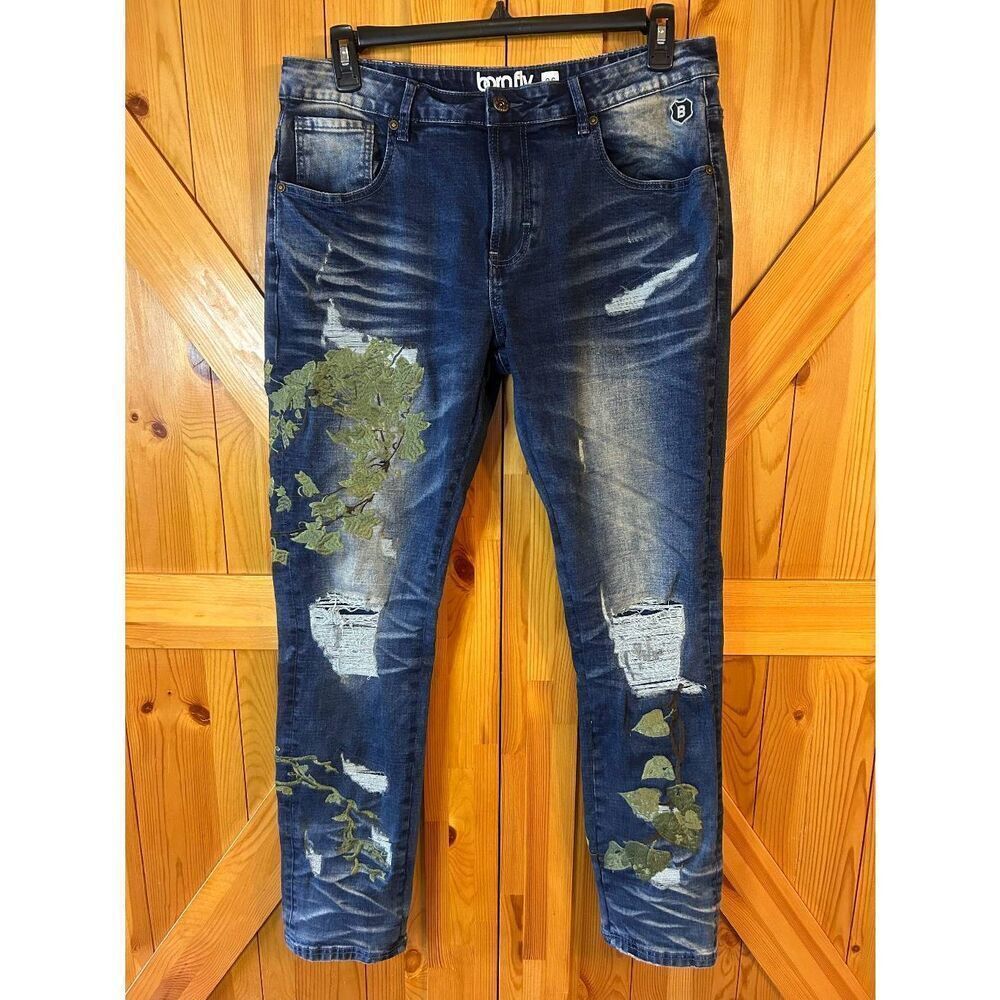 Born Fly Mens Dark Wash Distressed Patchs Embroidered Slim Jeans Size 36 (5195)